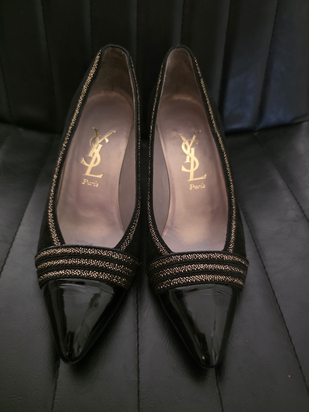 Saint Laurent Black Pointed Flats with Gold Trim